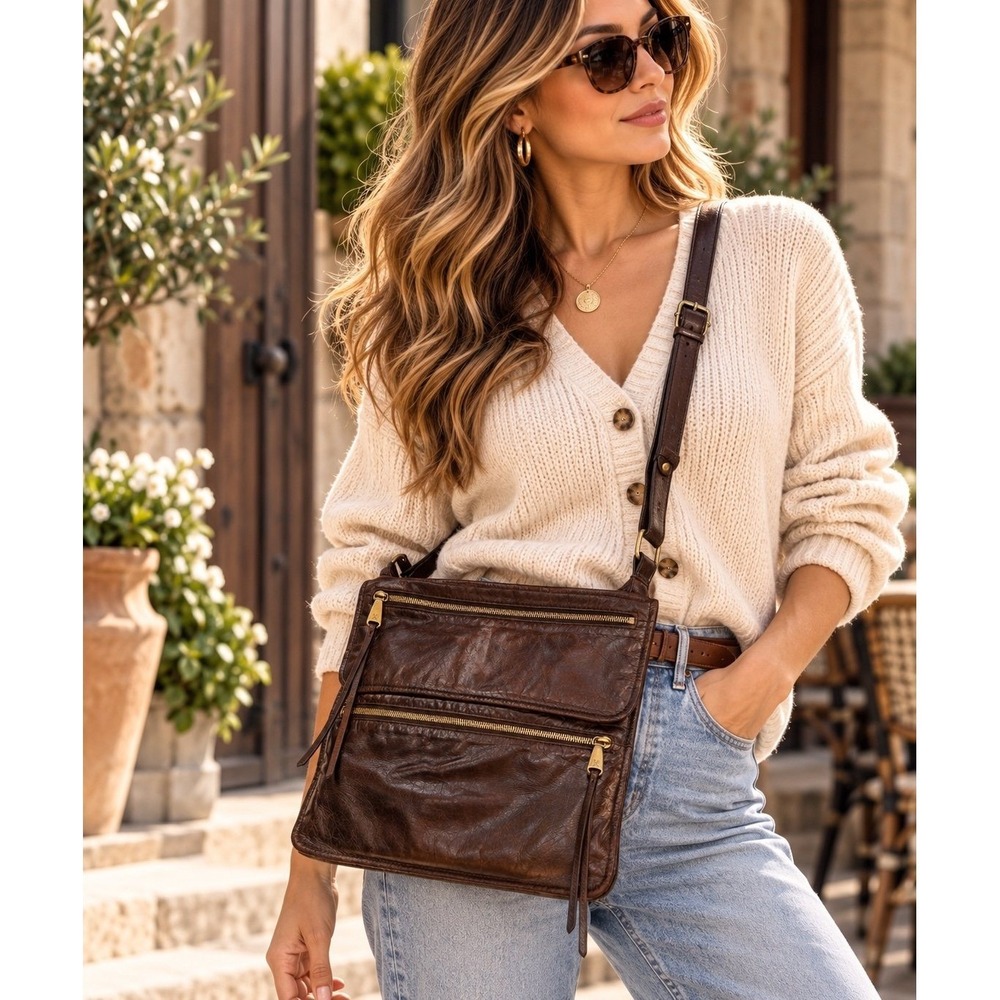 HOBO Brown Genuine Leather Crossbody Shoulder Bag Organizer Convertible